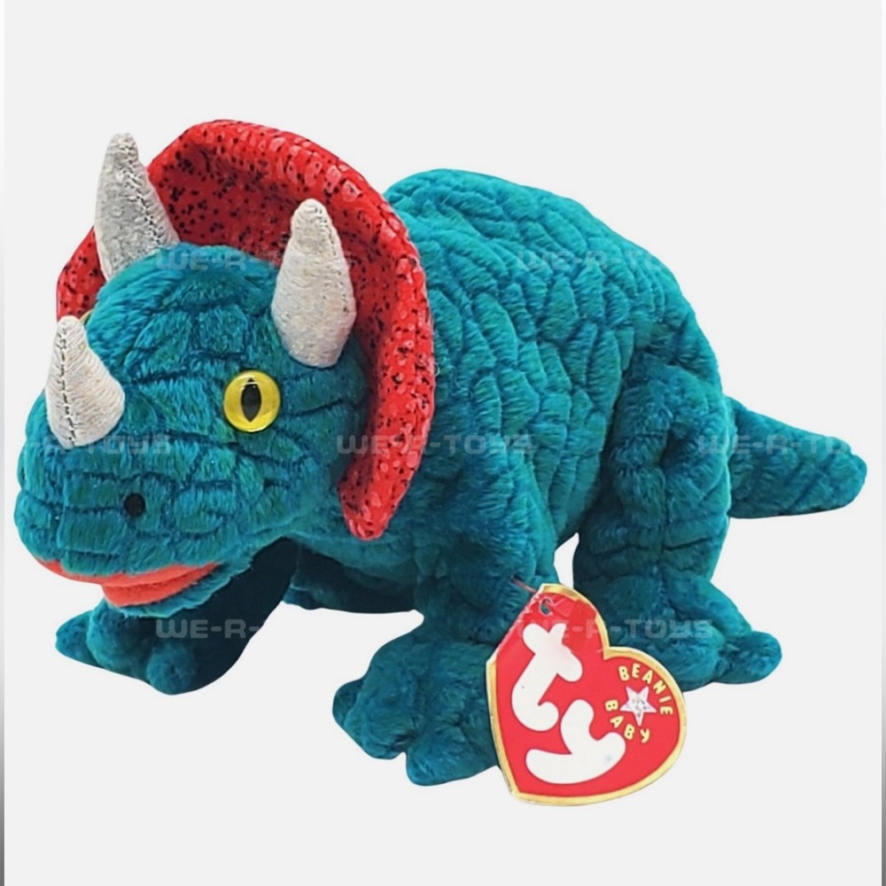TY Green & Red Dinosaur Plush Toy / 2001 “Hornsly” the Triceratops